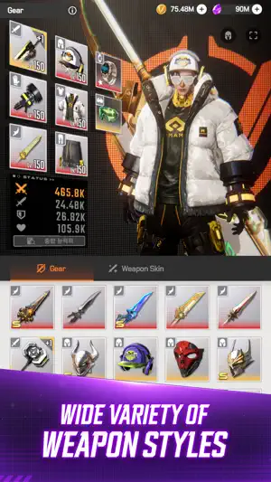 Gear screen with a white-jacketed hunter and rows of swords and helmets — Wide Variety of Weapon Styles