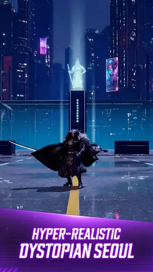 A caped hunter on a wet neon street at night — Hyper-Realistic Dystopian Seoul