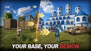 A player beside a wooden shack that transforms into a blue-domed mansion, captioned your base, your design