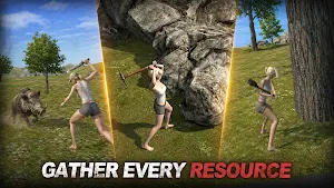 Survivors chopping a tree and mining a boulder, captioned gather every resource