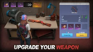 The workbench with a rifle, its stats and mod slots, captioned upgrade your weapon
