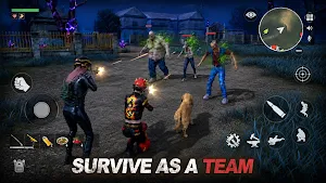A squad of armed survivors advancing through a base at dusk, captioned survive as a team