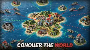 A world map of islands linked by raid routes, captioned conquer the world