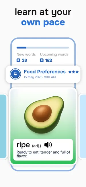 Vocabulary flashcard for the adjective ripe with an avocado picture, a Food Preferences lesson tag and counters for 38 new and 162 upcoming words