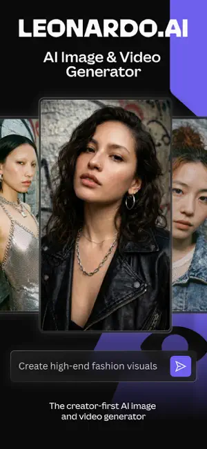 Leonardo.Ai opening screen with three fashion portraits above a prompt bar that reads Create high-end fashion visuals