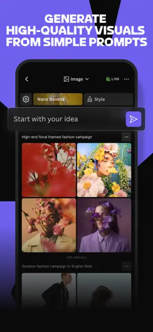 Image tool with the Nano Banana model selected, a Start with your idea prompt bar, a token counter and a feed of floral fashion campaign pictures