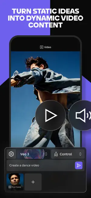Video tool with the Veo 3 model selected, a Create a dance video prompt and a First Frame slot, over a man in a jacket against a blue sky