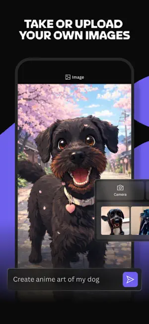 Camera and gallery picker over an anime-style picture of a dog under cherry blossoms, with the prompt Create anime art of my dog