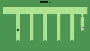 Green level with five pillars, a small figure at left and a door at right