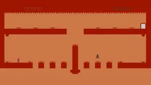 Red level with rows of ceiling spikes above two small figures