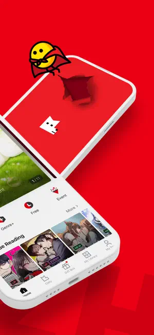 Lezhin home screen with Genre+, Free and Event shortcuts, a Continue Reading row and Gift Box and My Library tabs