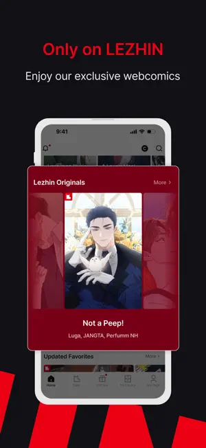 Lezhin Originals carousel on the home screen featuring the exclusive series Not a Peep! by Luga, JANGTA and Perfumm NH