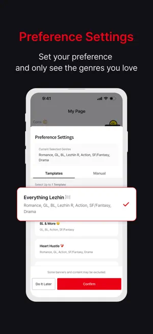 Preference Settings sheet with the Everything Lezhin genre template selected, including Romance, Action, SF/Fantasy and Drama