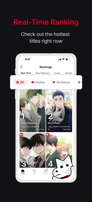 Real-Time Rankings screen with All, Drama and Romance filters above the top four titles, led by Error Detected
