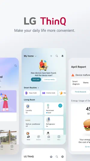LG ThinQ promo collage with a My home screen offering to add newly found devices, Smart Routine chips and an April Report card flagging a device malfunction and energy use
