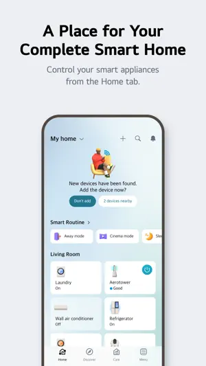 Home tab with Away mode and Cinema mode routine shortcuts above Living Room cards for laundry, an Aerotower, a wall air conditioner and a refrigerator