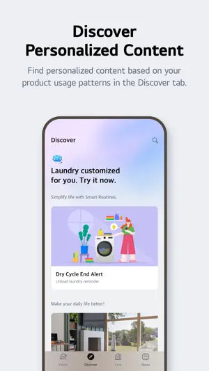 Discover tab suggesting a Dry Cycle End Alert routine with an illustration of unloading a washing machine