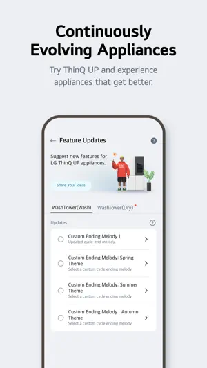 ThinQ UP Feature Updates screen listing Custom Ending Melody themes for a WashTower washer