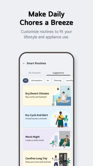 Smart Routines suggestions with Dry/Desert Climates, Dry Cycle End Alert, Movie Night and Carefree Long Trip cards