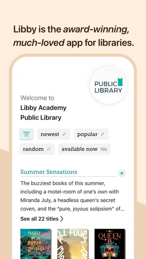 Libby Academy Public Library home with newest, popular, random and available now sorts above a Summer Sensations list