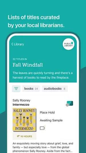 Fall Windfall librarian list of 32 titles with books and audiobooks tabs, showing Sally Rooney's Intermezzo with a Place Hold option