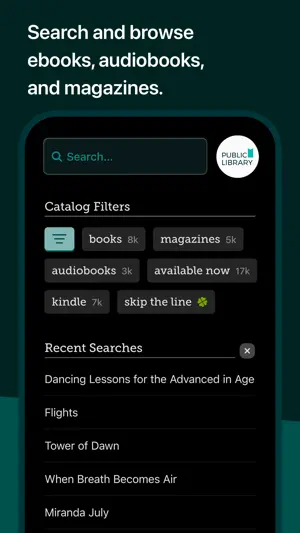 Dark-mode search screen with catalog filters for books, magazines, audiobooks, available now, kindle and skip the line