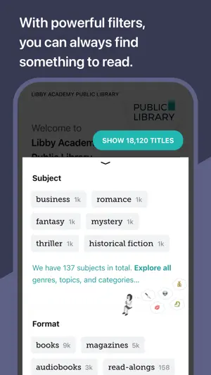 Filter panel offering to show 18,120 titles, with subject tags such as romance and mystery and a read-alongs format
