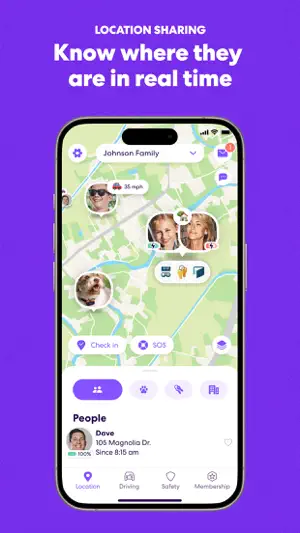 Family map with members located and a live speed badge