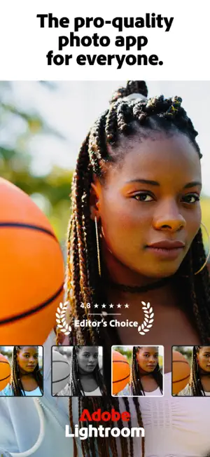 Promo screen: portrait of a woman beside a basketball, a 4.8-star Editor's Choice badge and four look variations