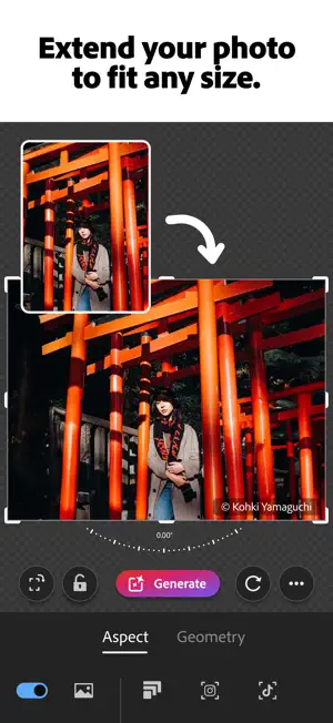 Generative Expand widening a photo of a woman under orange torii gates, with the Generate button and Aspect tab