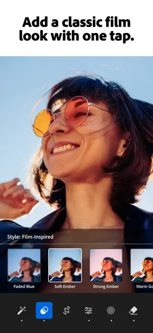Film-Inspired style row with Faded Blue, Soft Ember and Strong Ember presets on a portrait in tinted sunglasses