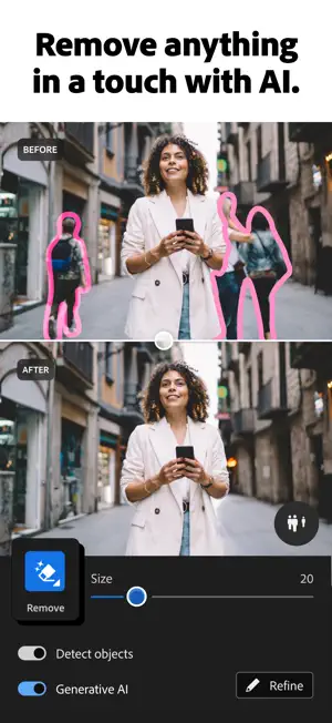 Remove tool before and after: two passers-by outlined in pink are erased, with Detect objects and Generative AI toggles