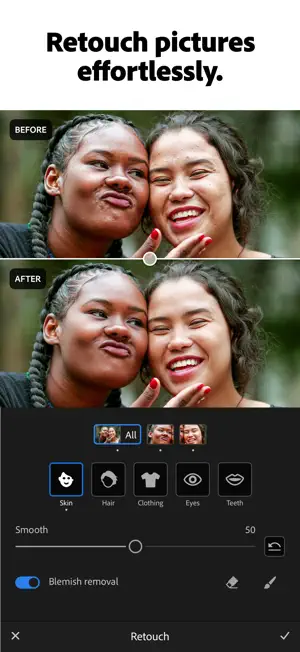 Retouch panel with Skin, Hair, Clothing, Eyes and Teeth targets, a Smooth slider at 50 and Blemish removal on