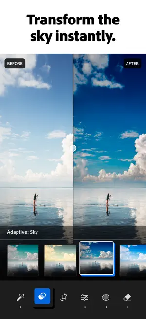 Adaptive: Sky preset turning a pale sky deep blue behind a paddleboarder, shown as a before-and-after split