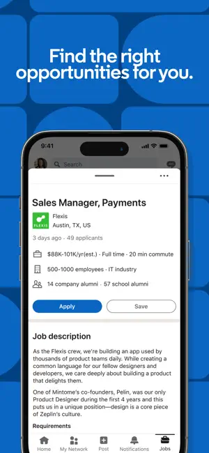 Job listing with a salary range, applicant count and commute time