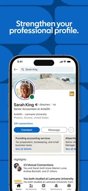Profile page with 341 connections and shared background highlights
