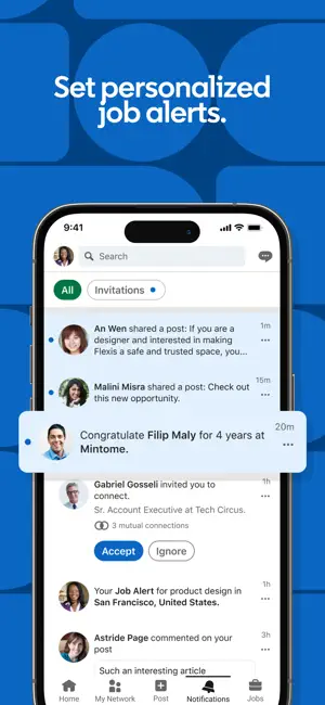 Notifications listing invitations, job alerts and work anniversaries