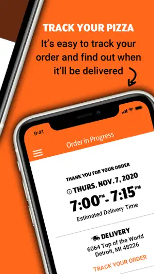 Order in Progress screen showing a 7:00–7:15 PM estimated delivery window to a Detroit, Michigan address and a Track Your Order link