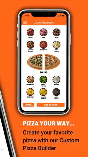 Custom Pizza Builder with topping icons such as bacon, ham, pepperoni, mushrooms and green peppers around a round pizza