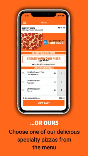 Delivery order menu quoting 30–35 minutes, with ExtraMostBestest Thin Crust Pepperoni, Pepperoni and Cheese large pizzas at $6 each