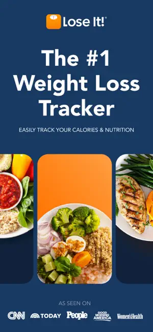 Promo slide titled The #1 Weight Loss Tracker with three plates of food above CNN, Today, People, Good Morning America and Women's Health logos