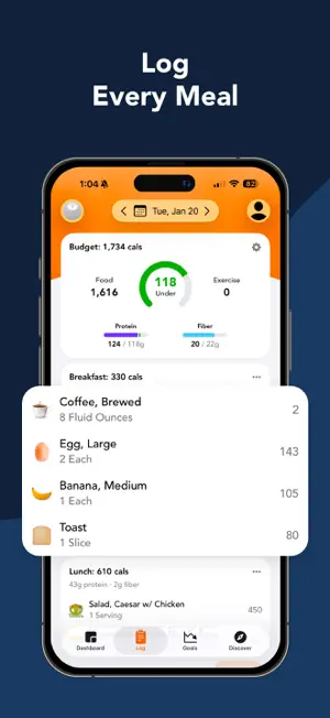 Daily log with an orange header, a 1,734-calorie budget ring showing 118 under, and breakfast items coffee, egg, banana and toast with calories
