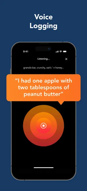 Voice Logging screen listening, with a speech bubble reading I had one apple with two tablespoons of peanut butter above a red record circle