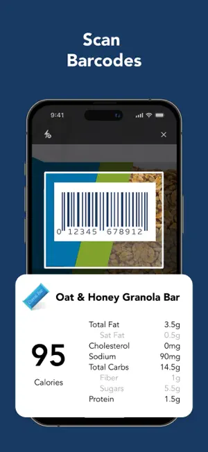 Scan Barcodes screen with a barcode in the viewfinder and a card for an Oat and Honey Granola Bar showing 95 calories and its nutrients