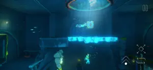 Abi standing in a blue-lit underwater chamber with glowing platforms