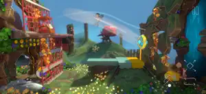 A busy village panel with a clock tower and a flying machine