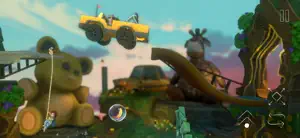 A teddy-bear playroom level with a toy jeep and a rope bridge