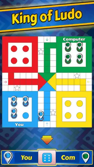 Classic ludo board with tokens facing the computer
