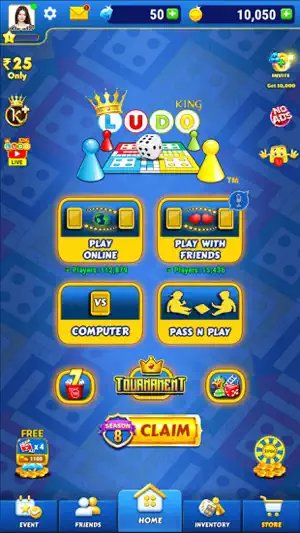 Home screen with online, friends, computer and pass-and-play