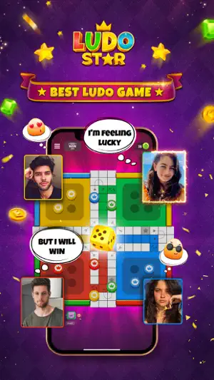 Ludo STAR board with four player photos at the corners, speech bubbles and a yellow die in the centre